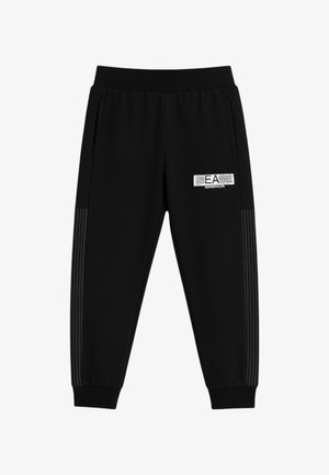 Pantaloni jogger neri con vita e polsini elasticizzati, strisce laterali e logo bianco "EA Emporio Armani" sulla coscia destra.