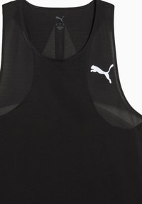 Svart ermløs treningstopp med en teksturert design, gjennomsiktige mesh-paneler og en hvit Puma-logo på venstre brystområde.