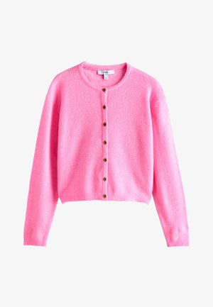 Cardigan en tricot rose doux avec manches longues, col rond et sept boutons marron sur le devant.