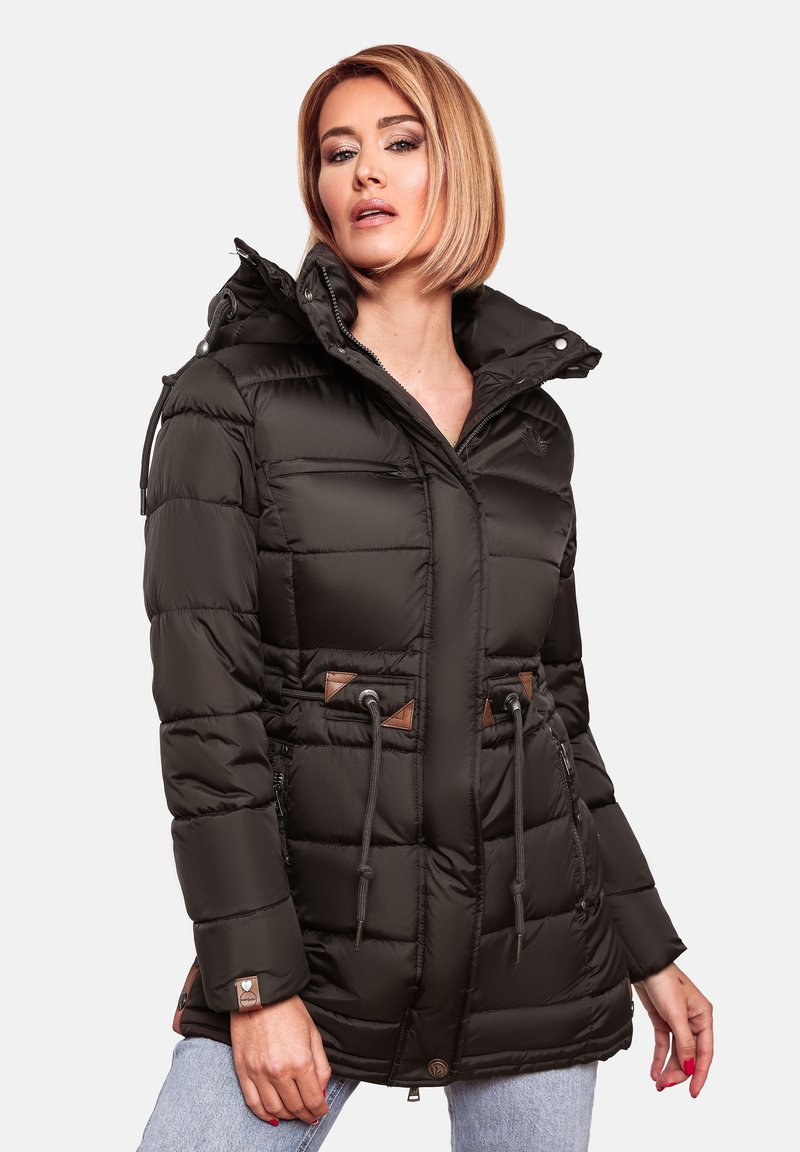 Black puffer jacket with a hood, featuring quilted texture, brown accents, adjustable drawstrings at the waist, and zippered pockets.