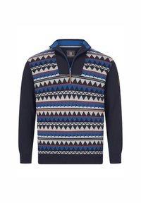 Pullover-Sweater mit einem Viertel-Reißverschluss, blauen Ärmeln und einem mehrfarbigen geometrischen Muster in Blau, Rot und Weiß über der Brust.