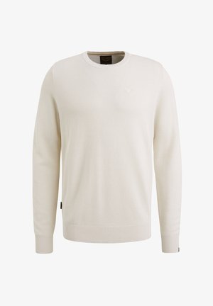 Lys beige strikket sweater med et tekstureret mønster, rund halsudskæring og ribbede cuffs og kant. Har et lille logo på brystet.