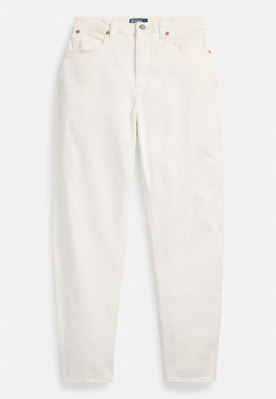 Weiße Jeans mit hoher Taille und geradem Bein, mit vorderem Knopf und Reißverschluss, Fünf-Taschen-Design und Polo-Markenlabel am Bund.