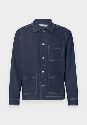 Dark blue denim jacket with a collared neck, two front pockets, and contrasting yellow stitching. Features metal buttons and a classic fit.