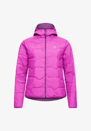 Giacca imbottita con cappuccio rosa, con zip frontale e cuciture a onde sottili, con un piccolo logo a forma di impronta di zampa sul petto.