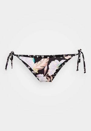 Floraler Bikiniunterteil aus dehnbarem Stoff, mit schwarzem Hintergrund und weißen sowie pinken Blumen, ausgestattet mit seitlichen Bindebändern zur Anpassung.