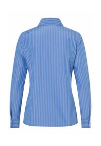 Blauw gestreepte overhemd met lange mouwen en een kraag, met manchetten en witte verticale strepen op een gladde stof.