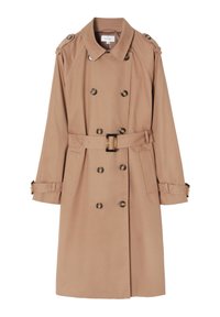 Khakifarbenes Trenchcoat aus glattem Stoff, mit doppelreihigem Verschluss, tailliertem Gürtel, Schulterepauletten und goldfarbenen Knöpfen.