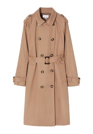 Khaki trench coat made of smooth fabric, featuring a double-breasted front, a belted waist, shoulder epaulets, and gold-tone buttons.
