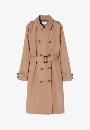 Trench coat khaki, realizat dintr-un material neted, cu un față dublu închisă, talie cu brâu, epauleți pe umeri și nasturi de culoare aurie.