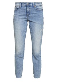 Jeans en denim bleu clair avec une silhouette ajustée, présentant une broderie florale discrète sur une jambe et un ourlet brut. Design classique à cinq poches.
