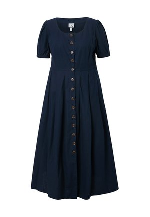 Námorně modré šaty po kolena s krátkými puffovými rukávy, čtveratým výstřihem a zapínáním na knoflíky. Mají upnutý pas a sklady sukně.