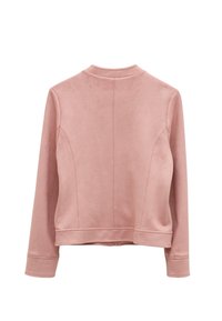 Różowa, pluszowa kurtka na zamek z kołnierzem stójką, długimi rękawami i subtelnymi detalami szwów z tyłu. Miękka tekstura, casualowy krój.