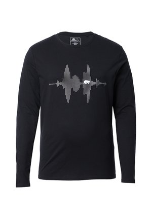 Camisa negra de manga larga hecha de algodón, con un gráfico de forma de onda blanca en el pecho. Diseño de cuello redondo con ajuste estándar.