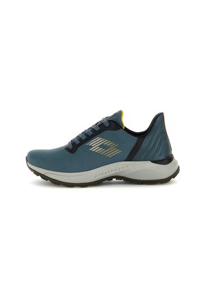 Blue athletic shoes with a textured upper, black accents, and grey sole. Features a logo design and round laces.