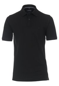 Svart polo t-shirt med kort ärm, tillverkad av mjukt tyg. Har en krage, tre knappar vid halslinningen och en liten logotypdetalj.