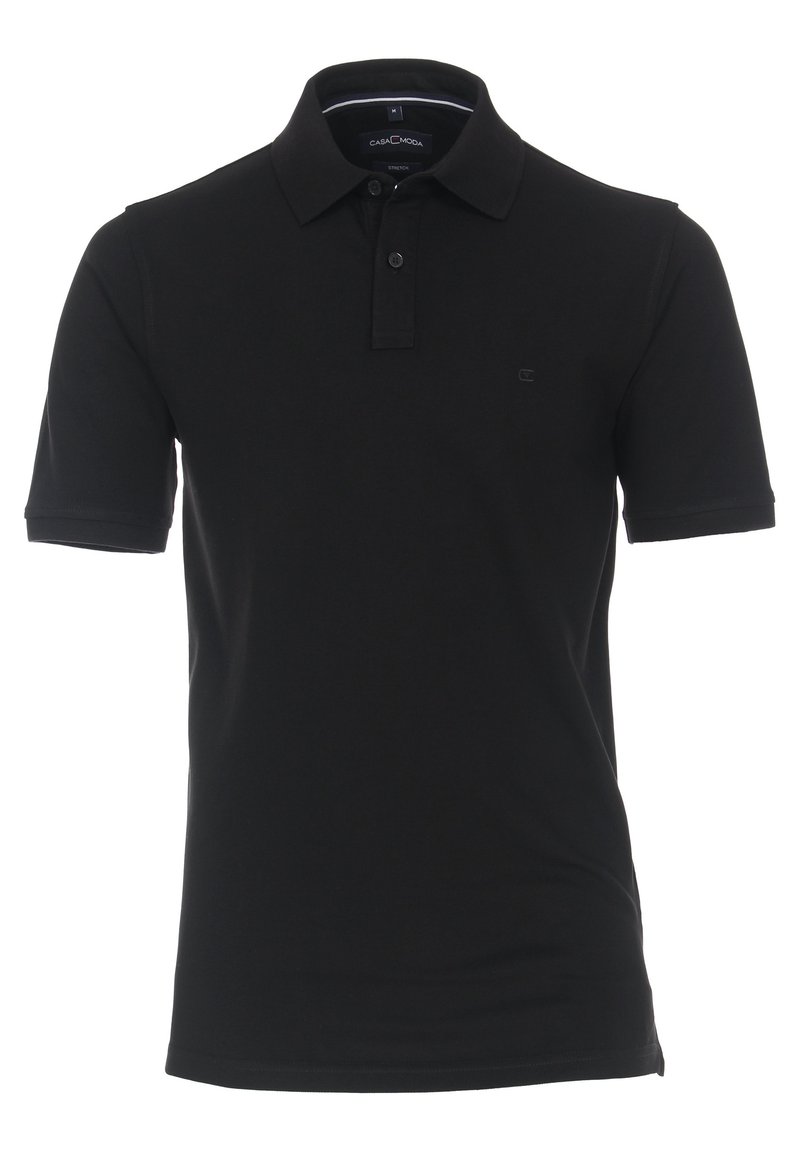 Svart polo t-shirt med kort ärm, tillverkad av mjukt tyg. Har en krage, tre knappar vid halslinningen och en liten logotypdetalj.