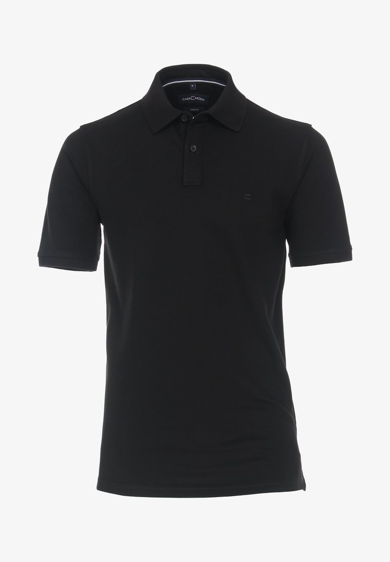 Black polo shirt with short sleeves, made of smooth fabric. Features a collar, three buttons at the neckline, and a small logo accent.