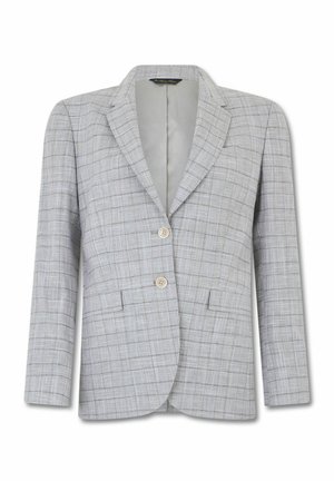 Hellgrauer karierten Blazer mit zwei vorderen Knöpfen, Reverskragen, langen Ärmeln und zwei vorderen Klappentaschen.