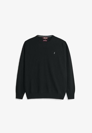 Maglione nero lavorato a maglia in materiale morbido, con scollatura a girocollo, polsini e fondo a coste, e un piccolo logo ricamato sul petto.