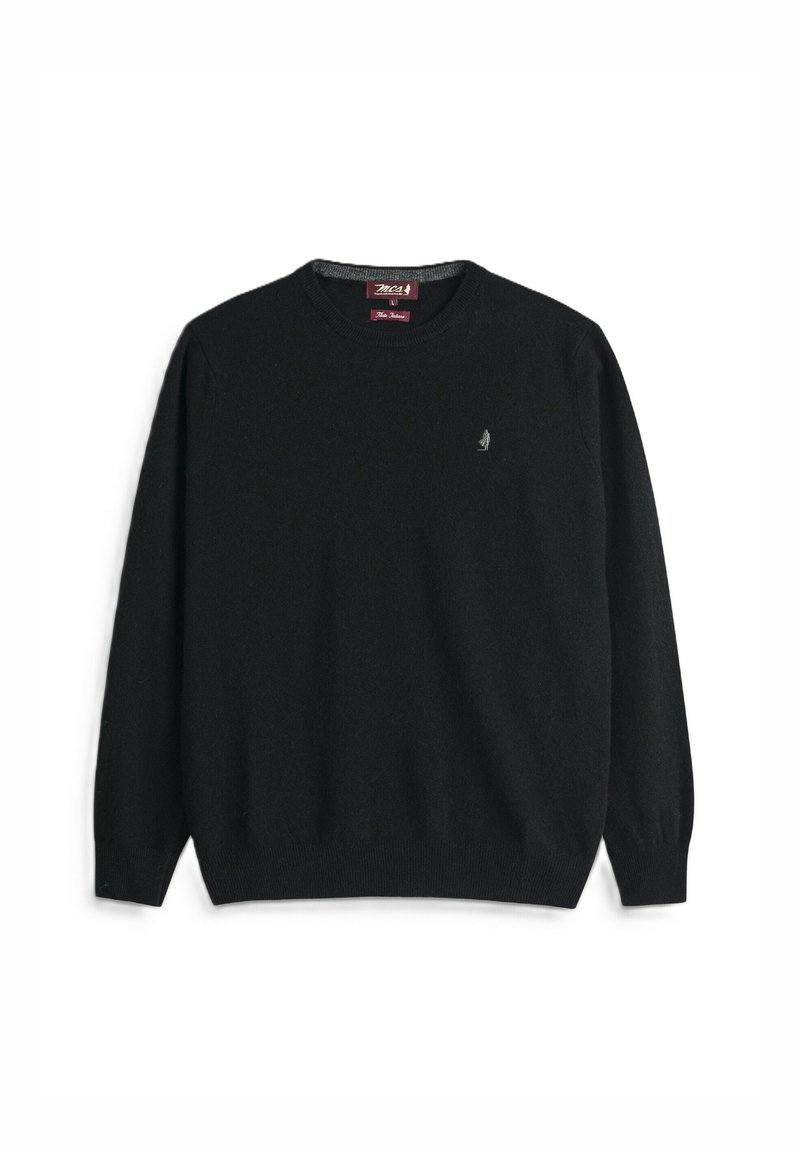 Maglione nero lavorato a maglia in materiale morbido, con scollatura a girocollo, polsini e fondo a coste, e un piccolo logo ricamato sul petto.