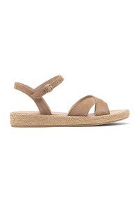 Ruske suede sandaalit, joissa on espadrille-tyylinen punottu pohja. Varustettu säädettävällä nilkkahihnalla ja avoimella varpaalla, jossa on ristiin menevät hihnat.