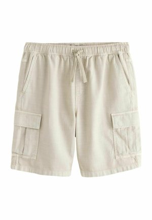Beige Cargoshorts mit elastischem Bund, Kordelzug, zwei Seitentaschen und zwei großen Klappentaschen an jedem Bein.