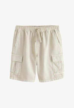 Beige Cargoshorts mit elastischem Bund, Kordelzug, zwei Seitentaschen und zwei großen Klappentaschen an jedem Bein.