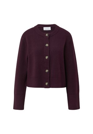 Donkerpaarse gebreide cardigan met lange mouwen, geribbelde manchetten en zoom, en vijf grote knopen aan de voorkant.