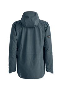 Dark blue waterproof jacket with a hood, featuring long sleeves and a textured fabric. Includes logo detail on the upper sleeve.