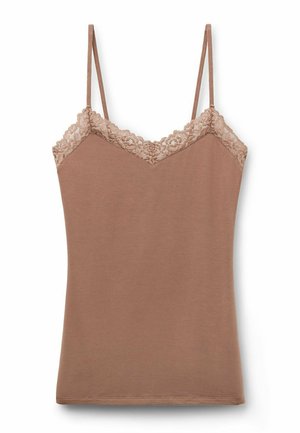 Bruine camisole met verstelbare spaghettibandjes en kantafwerking langs de halslijn. Zachte stof met een aansluitend ontwerp en een gladde textuur.