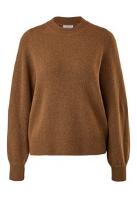 Pull en tricot marron à manches longues avec col ras du cou, poignets et ourlet côtelés, fabriqué à partir d'un tissu texturé doux.