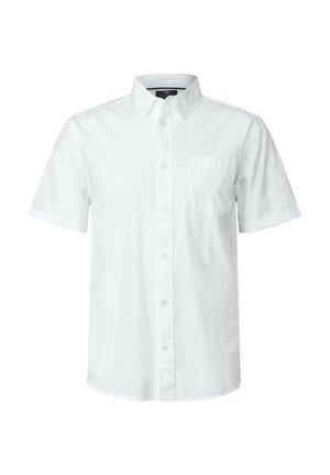 Kurze Ärmel weiße Button-Up-Bluse aus Baumwollstoff, mit einer Brusttasche und einem klassischen Kragen. Glatte Textur, schlichtes Design.