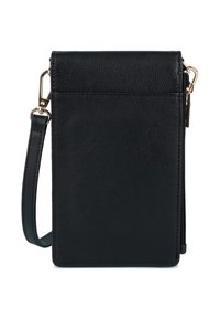 Pochette da polso in pelle nera con chiusure in tonalità dorata, chiusura con zip su un lato e tracolla staccabile su sfondo bianco.