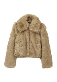 Faux-Fur-Cropped-Jacke in hellem Beige mit breitem Kragen, langen Ärmeln und einer weichen, flauschigen Textur, die subtile Farbvariationen aufweist.