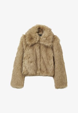 Faux-Fur-Cropped-Jacke in hellem Beige mit breitem Kragen, langen Ärmeln und einer weichen, flauschigen Textur, die subtile Farbvariationen aufweist.