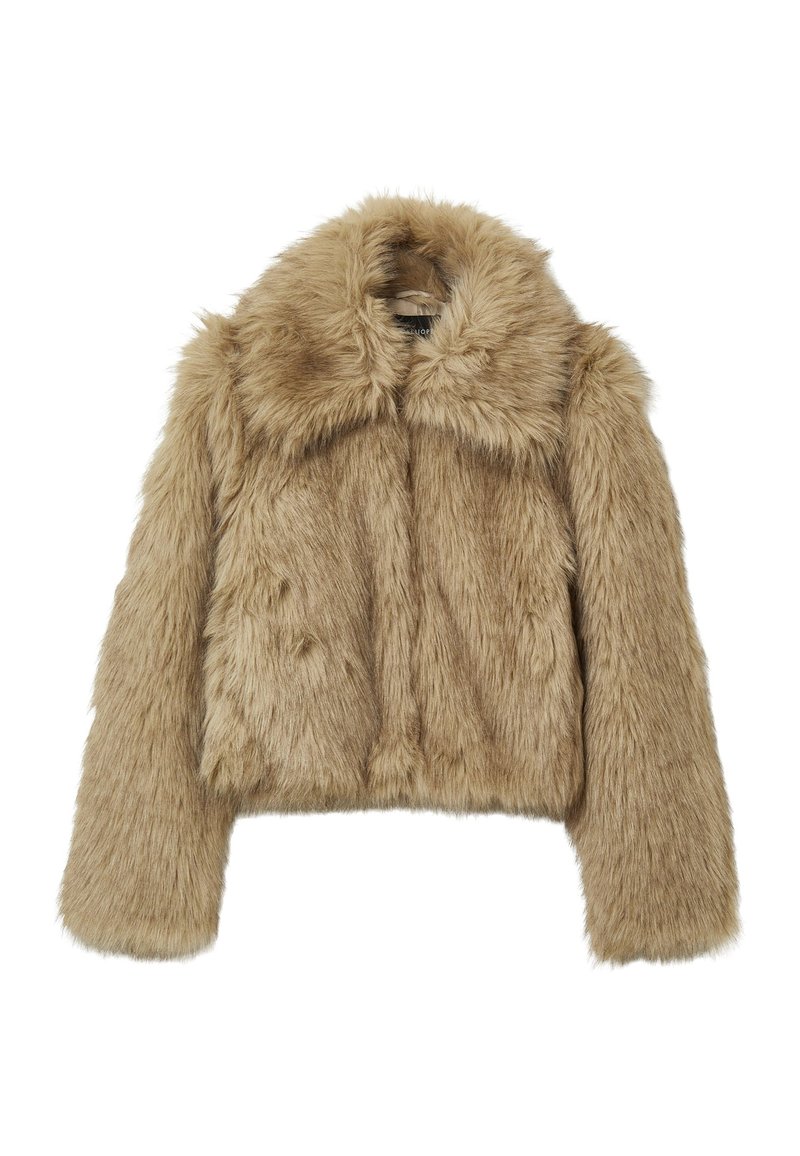 Faux-Fur-Cropped-Jacke in hellem Beige mit breitem Kragen, langen Ärmeln und einer weichen, flauschigen Textur, die subtile Farbvariationen aufweist.