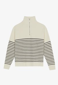 Pull en maille crème à rayures noires horizontales. Comprend un col montant et une fermeture éclair au quart. Texture douce, coupe décontractée.