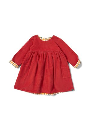 Rotes Cordkleid mit langen Ärmeln, gerafftem Bund, zwei frontalen Taschen und einem karierter Innenfutter in Gelb und Weiß.