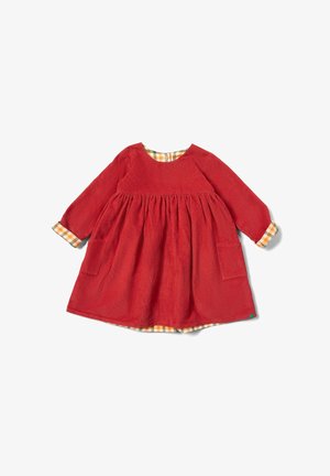 Rotes Cordkleid mit langen Ärmeln, gerafftem Bund, zwei frontalen Taschen und einem karierter Innenfutter in Gelb und Weiß.