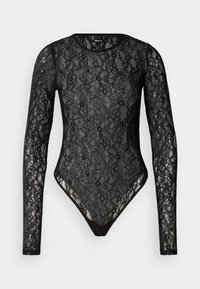 Μαύρο κορμάκι από δαντέλα με μακριά μανίκια και στρογγυλή λαιμόκοψη. Διαθέτει λουλουδάτα σχέδια και εφαρμοστή γραμμή, με σχεδιασμό κάτω μέρους τύπου στρινγκ.