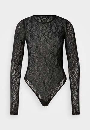 Black lace bodysuit with long sleeves and a scoop neckline. Features floral patterns and a fitted shape, with a thong bottom design.