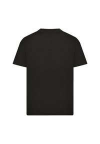 Schwarzes Baumwoll-T-Shirt mit kurzen Ärmeln, rundem Halsausschnitt und geradem Saum. Glatte Textur, keine Muster oder zusätzlichen Details.