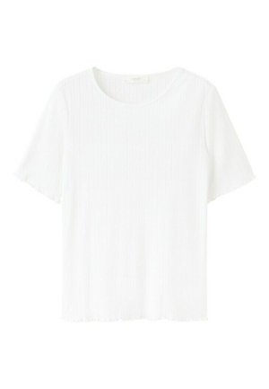 White short-sleeve ribbed knit top with round neckline and subtle textured vertical stripes.