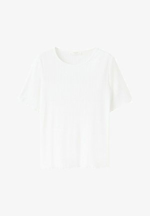White short-sleeve ribbed knit top with round neckline and subtle textured vertical stripes.