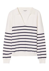 Weißer Strickpullover mit V-Ausschnitt und marineblauen horizontalen Streifen. Lange Ärmel mit gerippten Bündchen und lässiger Passform.