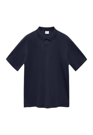 Cămașă polo albastru închis, dintr-un material neted, având guler, deschidere cu două butoane și mâneci scurte. Design simplu, fără modele sau accente.