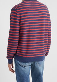 Gestreifter Pullover in Rot und Marineblau mit Rundhalsausschnitt, gerippten Bündchen und Saum, aus Strickstoff gefertigt. Die Ansicht zeigt die Rückseite des Kleidungsstücks.