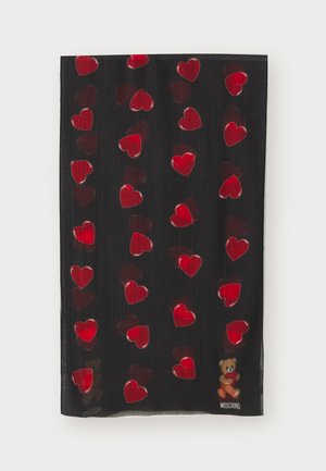 Black scarf featuring a pattern of red hearts and a bear graphic in the bottom corner, made from a lightweight, textured fabric.