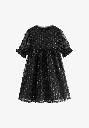 Must must dress, mille lühikeste puffvarrukatega, kihtide tüllkangast, lilledega litritega ja ümmarguse kaelusega, millel on tagasipööratav tõmblukk.